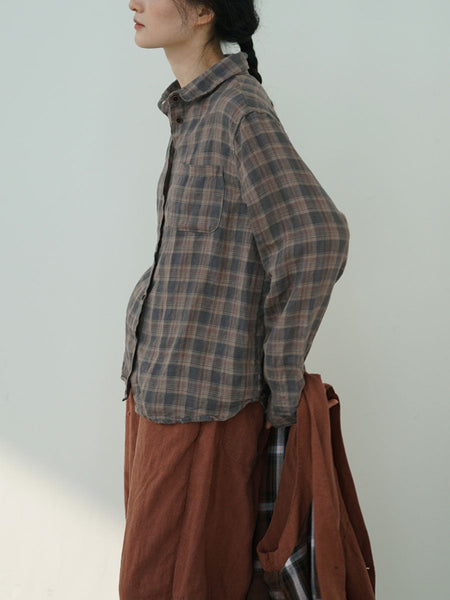 Women Ethnic Autumn Plaid Linen Shirt AV1061 Genistyle Shop