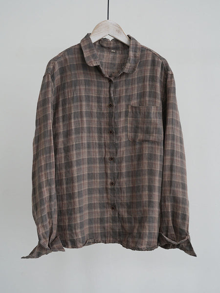 Women Ethnic Autumn Plaid Linen Shirt AV1061 Genistyle Shop