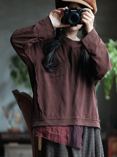 Women Retro Spliced Spliced Cottnon Hooded Shirt AV1067 Genistyle Shop