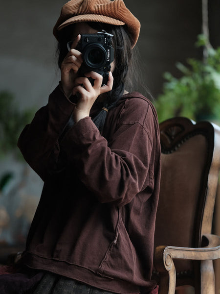 Women Retro Spliced Spliced Cottnon Hooded Shirt AV1067 Genistyle Shop