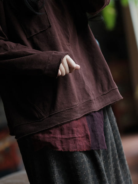 Women Retro Spliced Spliced Cottnon Hooded Shirt AV1067 Genistyle Shop