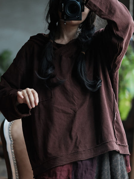 Women Retro Spliced Spliced Cottnon Hooded Shirt AV1067 Genistyle Shop