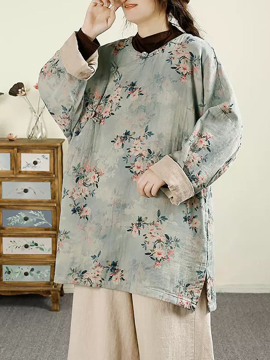 Women Ethnic Autumn Flower O-Neck Cotton Blouse AV1060 Genistyle Shop