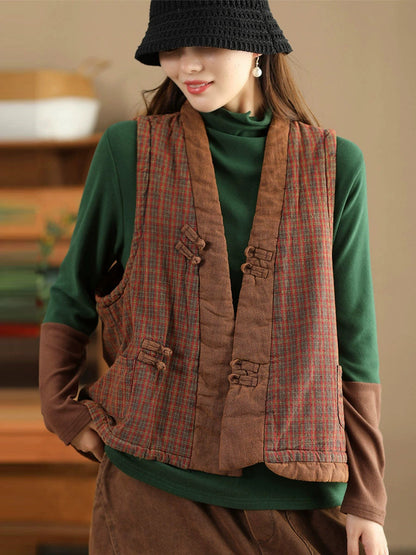 Women Ethnic Plaid Colorblock V-Neck Cotton Vest Coat AV1063 Genistyle Shop
