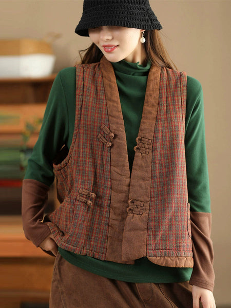 Women Ethnic Plaid Colorblock V-Neck Cotton Vest Coat AV1063 Genistyle Shop