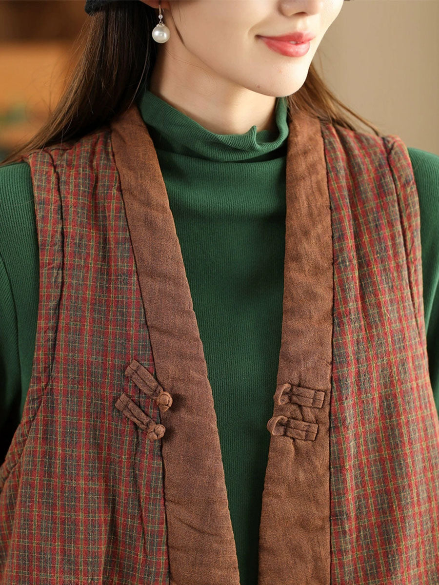 Women Ethnic Plaid Colorblock V-Neck Cotton Vest Coat AV1063 Genistyle Shop