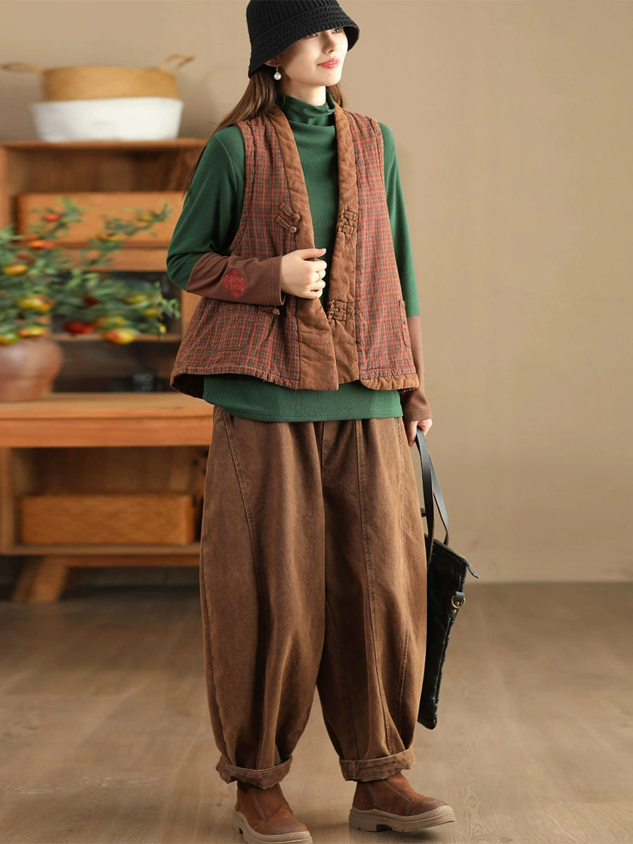 Women Ethnic Plaid Colorblock V-Neck Cotton Vest Coat AV1063 Genistyle Shop