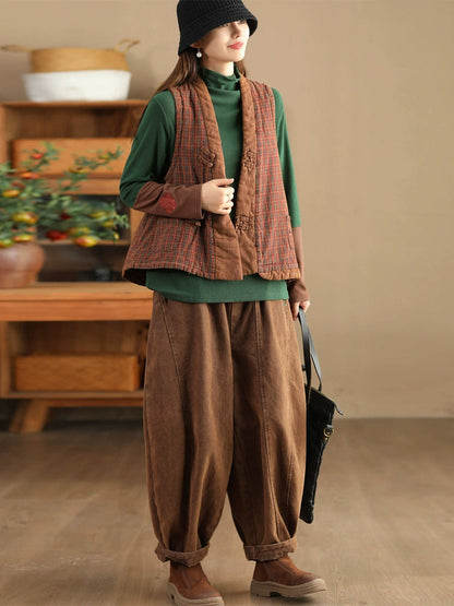 Women Ethnic Plaid Colorblock V-Neck Cotton Vest Coat AV1063 Genistyle Shop