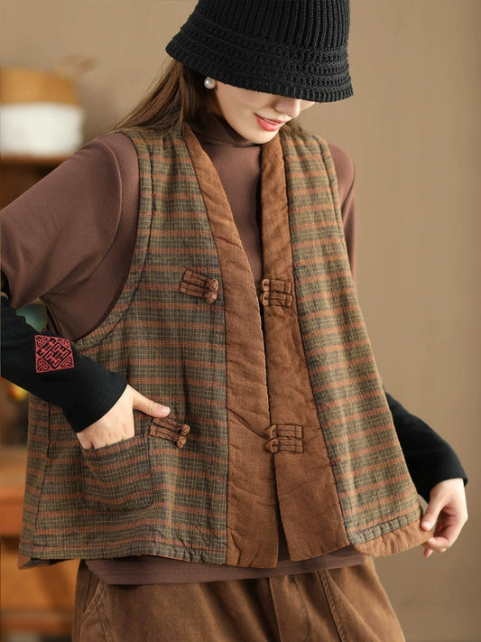 Women Ethnic Plaid Colorblock V-Neck Cotton Vest Coat AV1063 Genistyle Shop