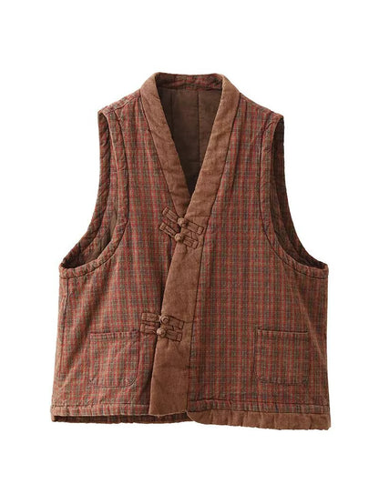 Women Ethnic Plaid Colorblock V-Neck Cotton Vest Coat AV1063 Genistyle Shop