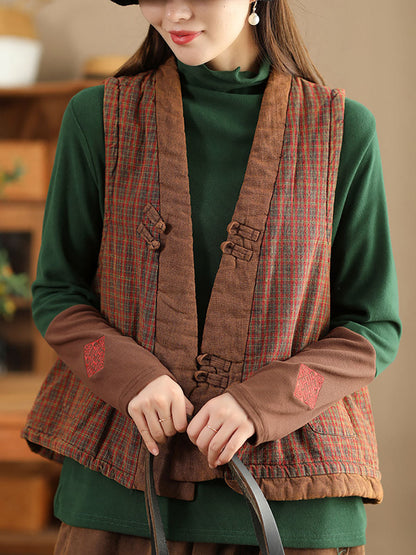 Women Ethnic Plaid Colorblock V-Neck Cotton Vest Coat AV1063 Genistyle Shop