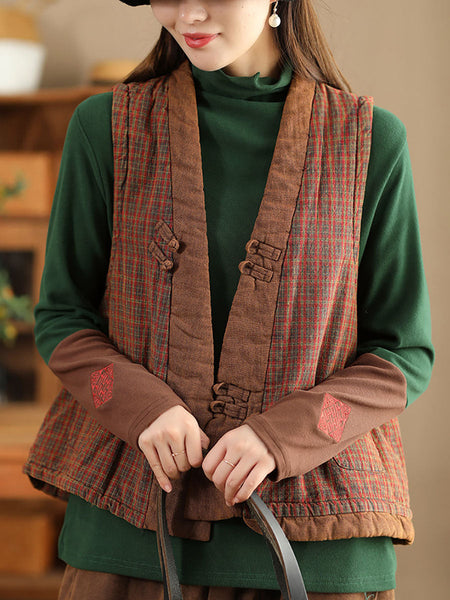 Women Ethnic Plaid Colorblock V-Neck Cotton Vest Coat AV1063 Genistyle Shop