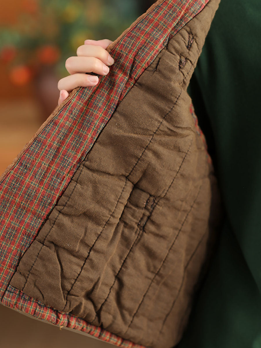 Women Ethnic Plaid Colorblock V-Neck Cotton Vest Coat AV1063 Genistyle Shop