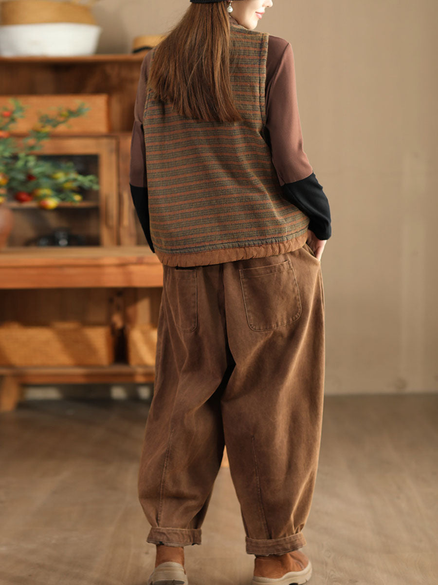 Women Ethnic Plaid Colorblock V-Neck Cotton Vest Coat AV1063 Genistyle Shop