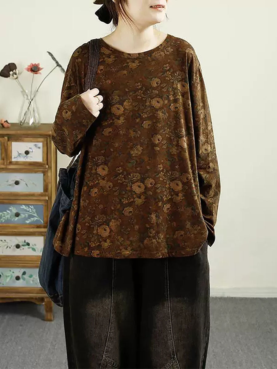 Women Autumn Flower O-Neck Cotton Blouse AV1051 Genistyle Shop