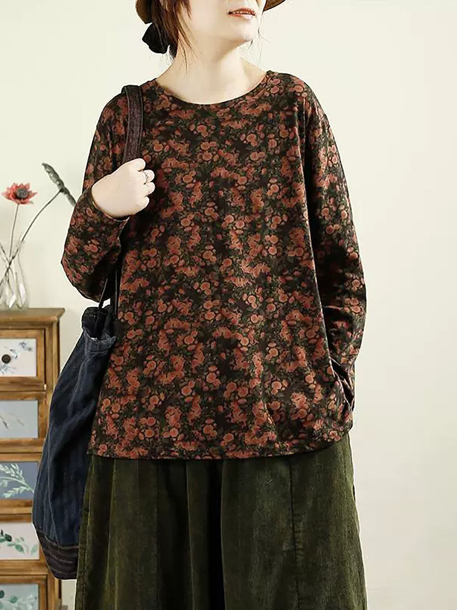 Women Autumn Flower O-Neck Cotton Blouse AV1051 Genistyle Shop