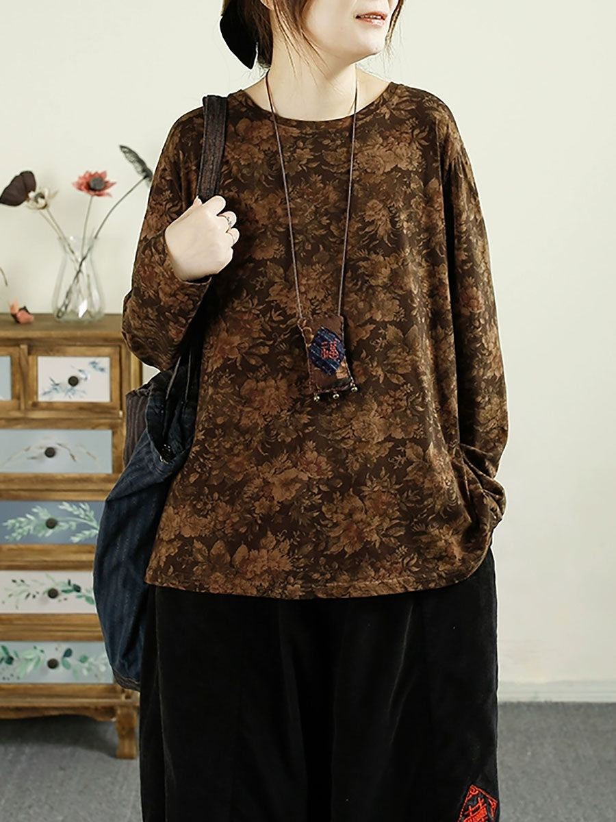 Women Autumn Flower O-Neck Cotton Blouse AV1051 Genistyle Shop