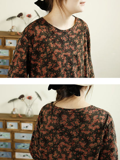 Women Autumn Flower O-Neck Cotton Blouse AV1051 Genistyle Shop