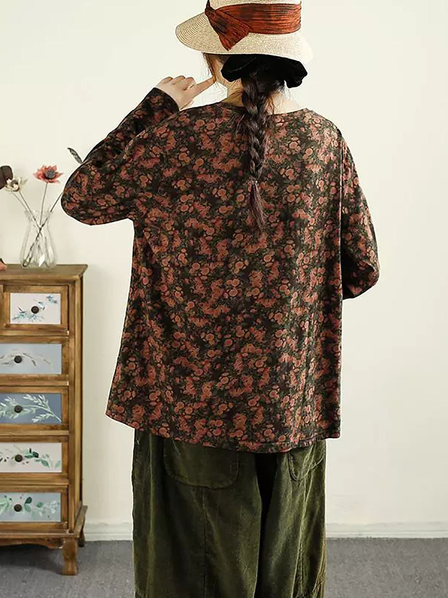 Women Autumn Flower O-Neck Cotton Blouse AV1051 Genistyle Shop