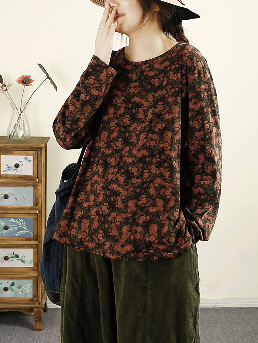 Women Autumn Flower O-Neck Cotton Blouse AV1051 Genistyle Shop