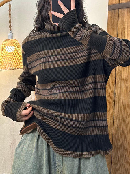 Women Casual Autumn Stripe Knit Turtleneck Sweater AV1058 Genistyle Shop