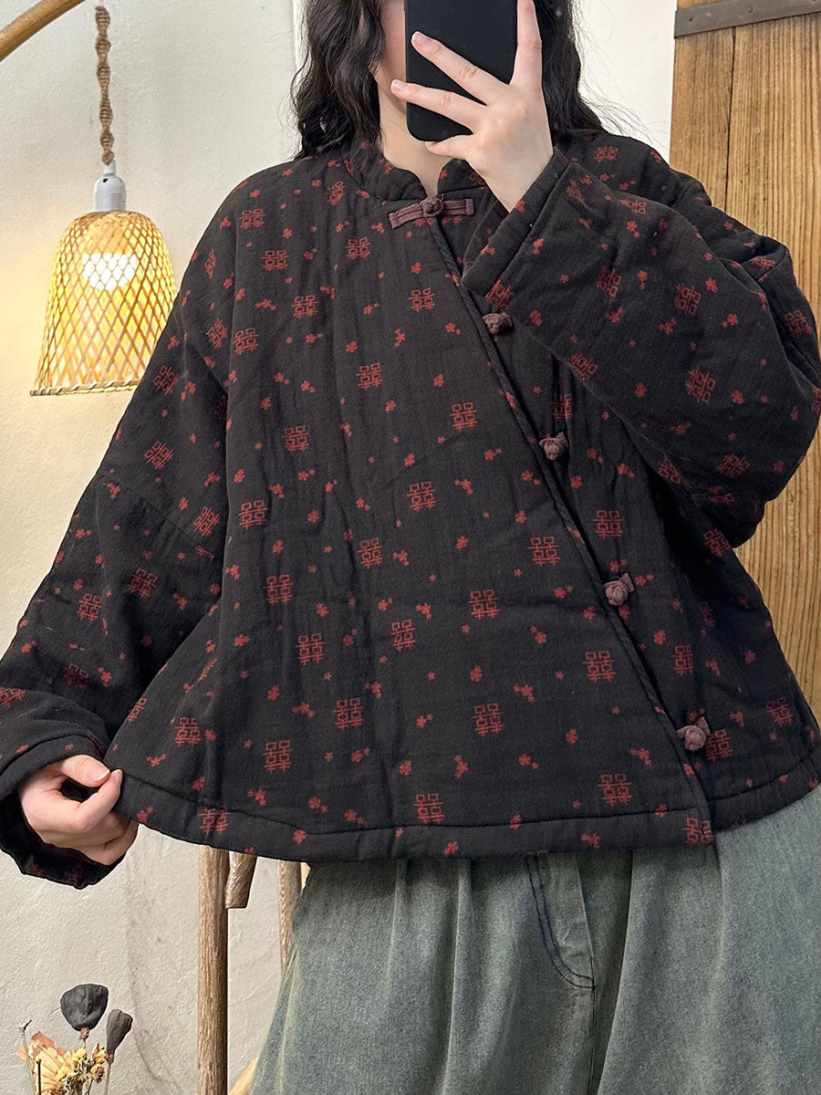 Women Autumn Artsy Floral Stand Collar Linen Coat AV1048 Genistyle Shop