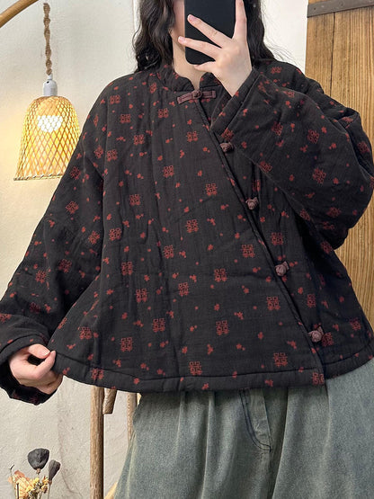 Women Autumn Artsy Floral Stand Collar Linen Coat AV1048 Genistyle Shop