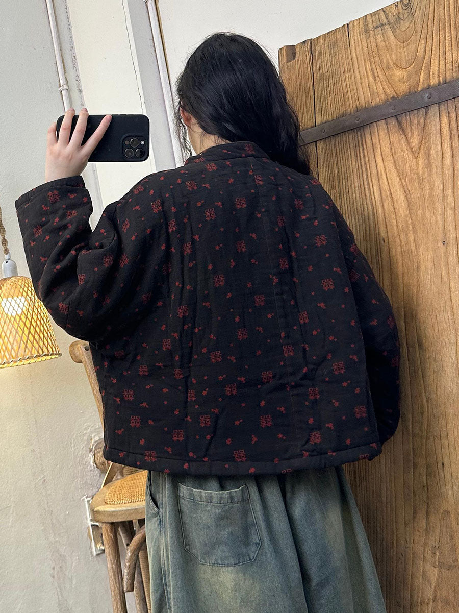 Women Autumn Artsy Floral Stand Collar Linen Coat AV1048 Genistyle Shop