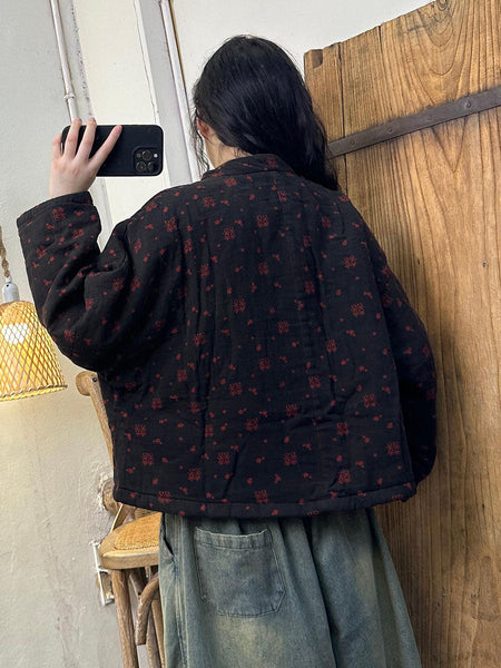 Women Autumn Artsy Floral Stand Collar Linen Coat AV1048 Genistyle Shop