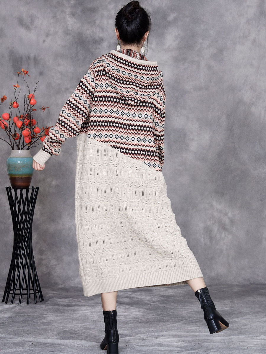 Women Autumn Artsy Spliced Knitted Hooded Dress BA1003 Genistyle Shop