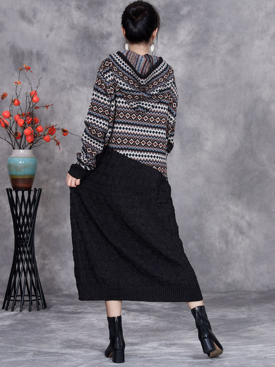 Women Autumn Artsy Spliced Knitted Hooded Dress BA1003 Genistyle Shop