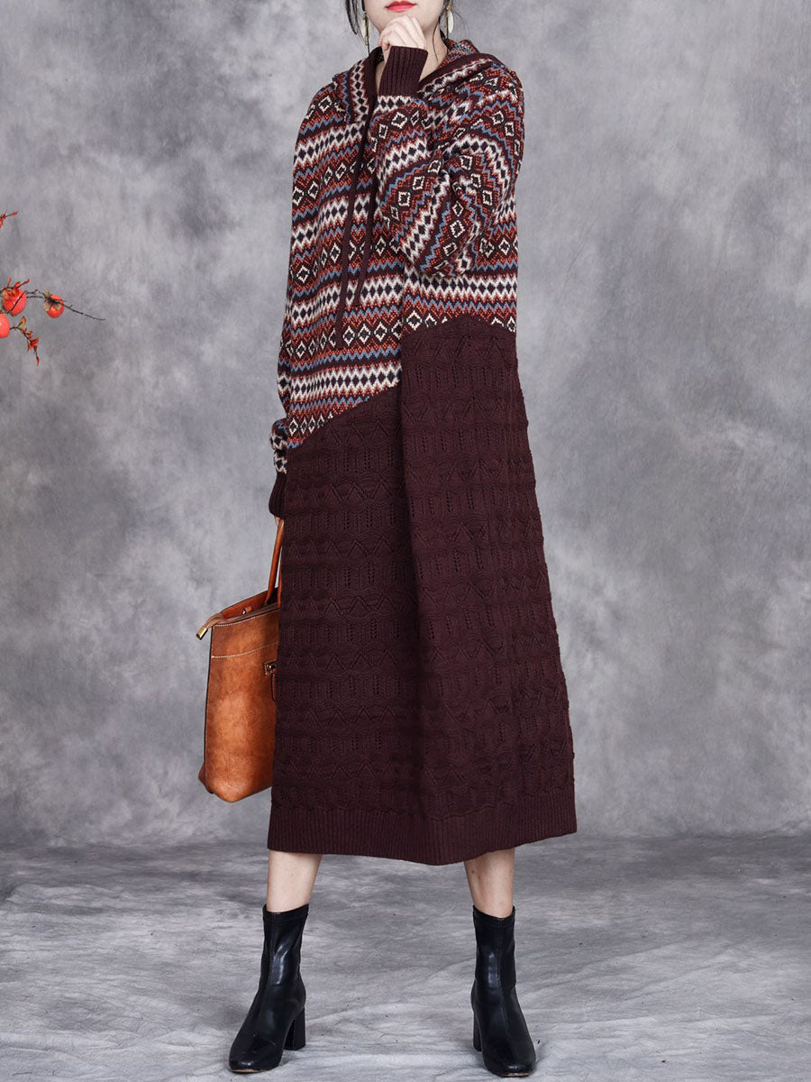 Women Autumn Artsy Spliced Knitted Hooded Dress BA1003 Genistyle Shop