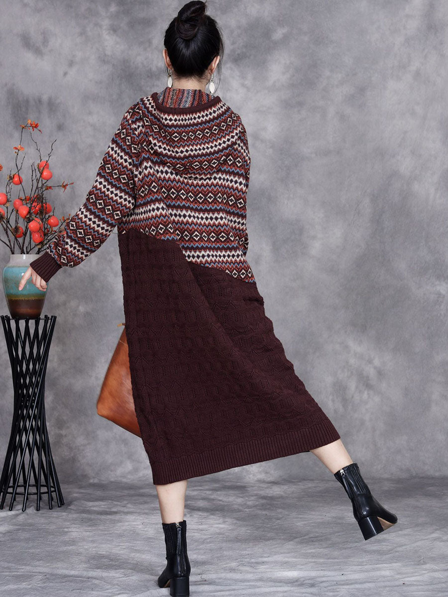 Women Autumn Artsy Spliced Knitted Hooded Dress BA1003 Genistyle Shop