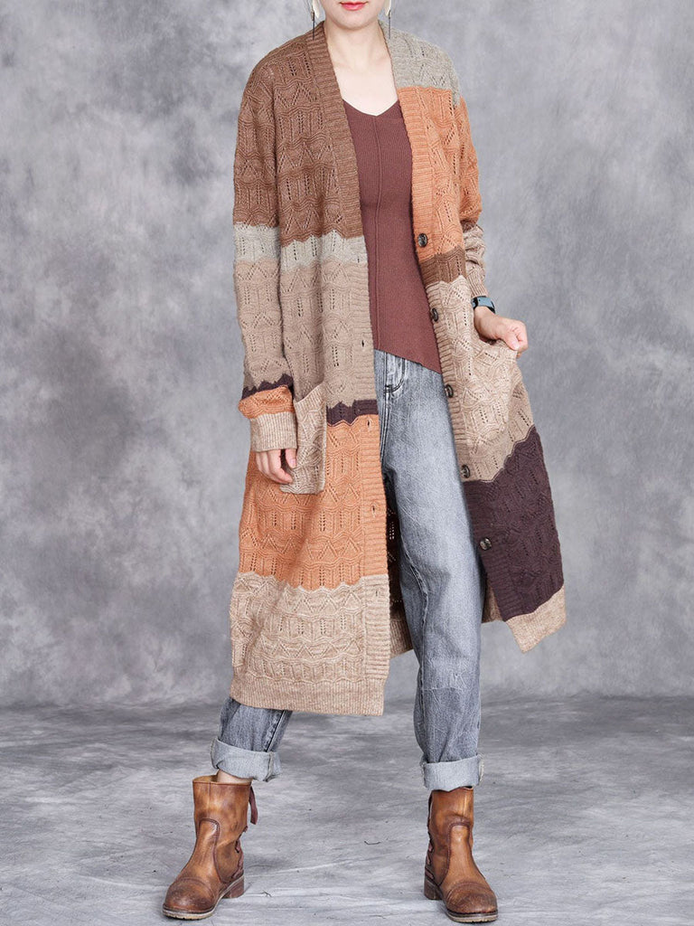 Women Autumn Artsy Colorblock Knitted V-Neck Cardigan Coat BA1001 Genistyle Shop