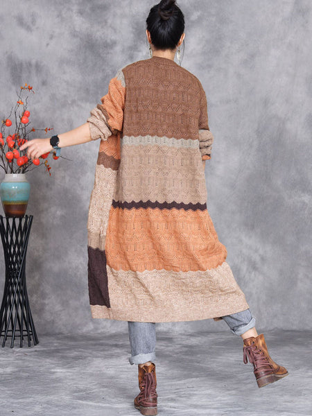 Women Autumn Artsy Colorblock Knitted V-Neck Cardigan Coat WG030 BK