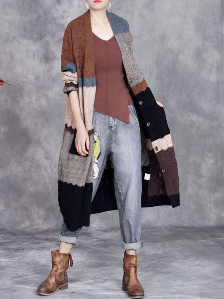 Women Autumn Artsy Colorblock Knitted V-Neck Cardigan Coat WG030 BK