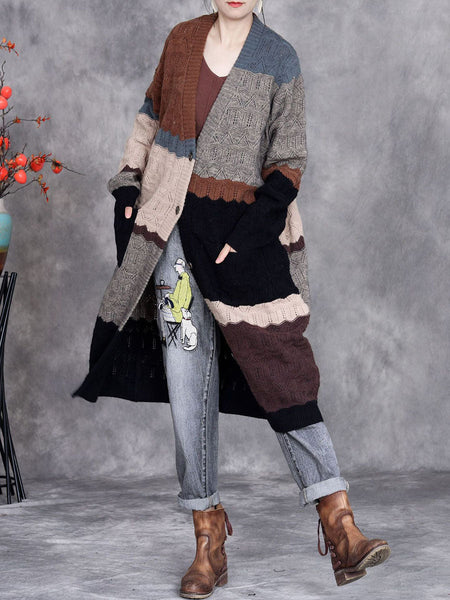 Women Autumn Artsy Colorblock Knitted V-Neck Cardigan Coat WG030 BK