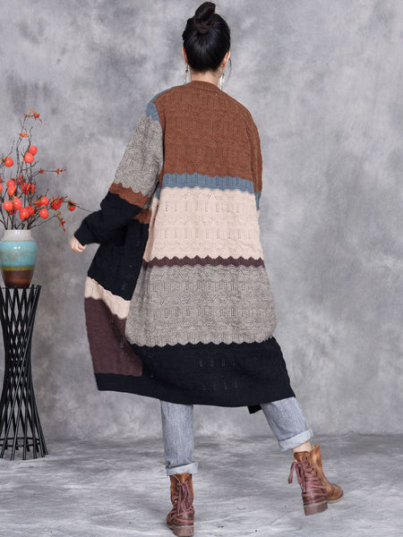 Women Autumn Artsy Colorblock Knitted V-Neck Cardigan Coat WG030 BK
