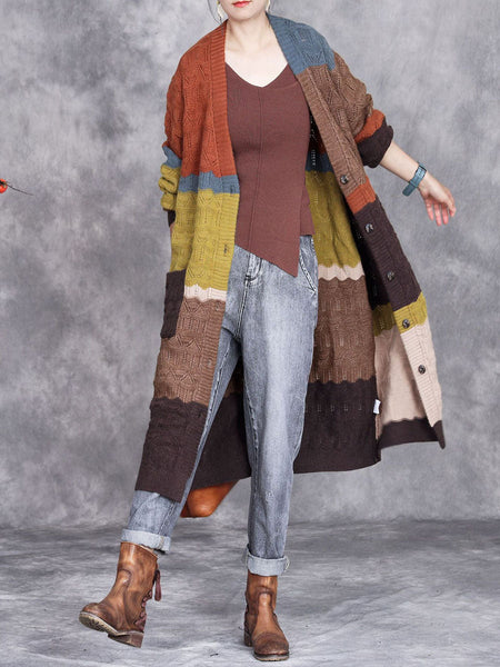 Women Autumn Artsy Colorblock Knitted V-Neck Cardigan Coat WG030 BK