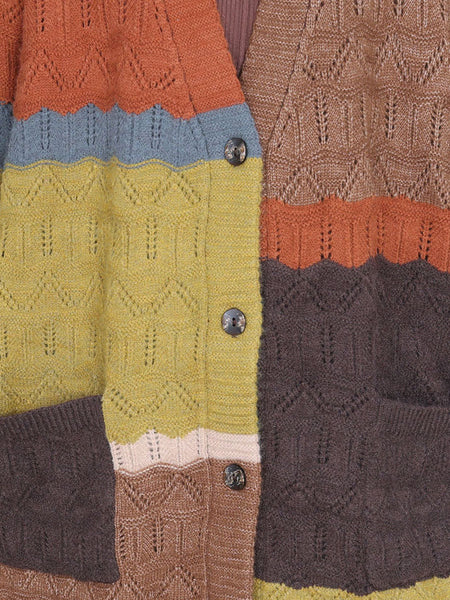 Women Autumn Artsy Colorblock Knitted V-Neck Cardigan Coat WG030 BK