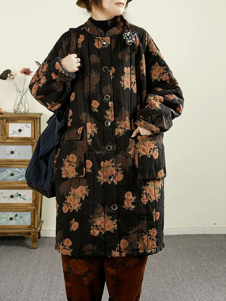 Women Ethnic Autumn Flower Cotton Cardigan Coat BA1017 Genistyle Shop