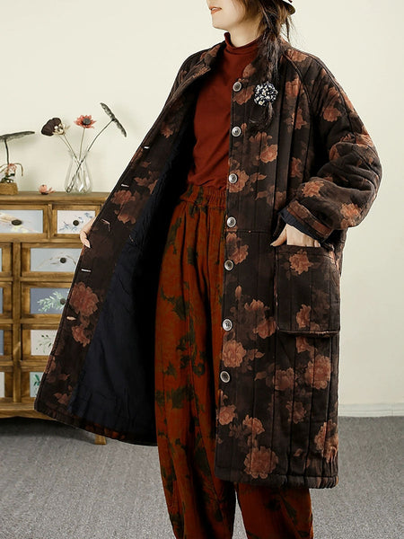 Women Ethnic Autumn Flower Cotton Cardigan Coat BA1017 Genistyle Shop