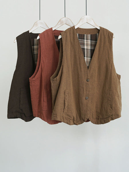 Women Ethnic Cotton Linen Solid V-Neck Vest BA1018 Genistyle Shop