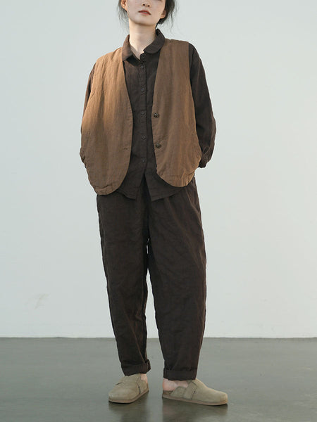 Women Ethnic Cotton Linen Solid V-Neck Vest BA1018 Genistyle Shop