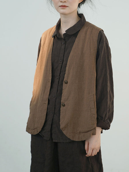 Women Ethnic Cotton Linen Solid V-Neck Vest BA1018 Genistyle Shop
