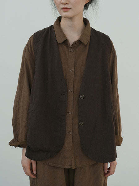 Women Ethnic Cotton Linen Solid V-Neck Vest BA1018 Genistyle Shop