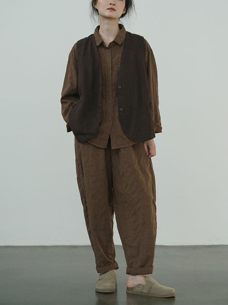 Women Ethnic Cotton Linen Solid V-Neck Vest BA1018 Genistyle Shop