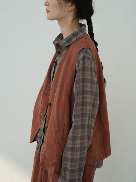 Women Ethnic Cotton Linen Solid V-Neck Vest BA1018 Genistyle Shop