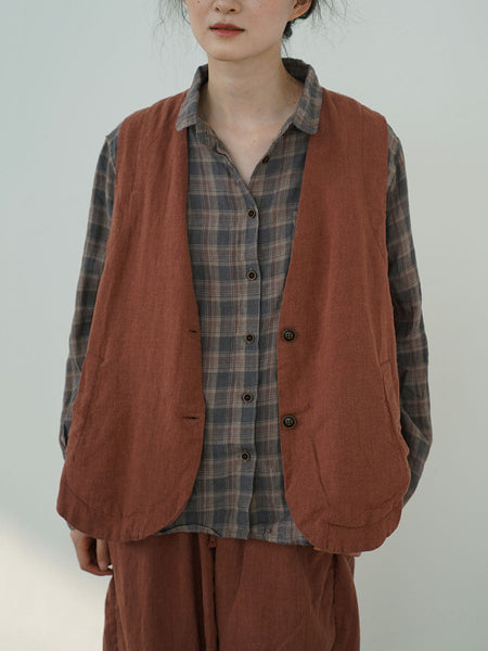 Women Ethnic Cotton Linen Solid V-Neck Vest BA1018 Genistyle Shop