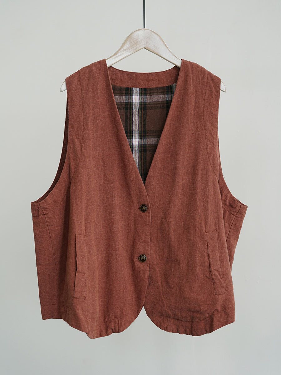 Women Ethnic Cotton Linen Solid V-Neck Vest BA1018 Genistyle Shop